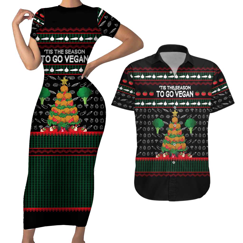 Vegan Christmas Couples Matching Short Sleeve Bodycon Dress and Hawaiian Shirt with Tis the Season to Go Vegan Quote and Vegetable Tree - Wonder Print Shop