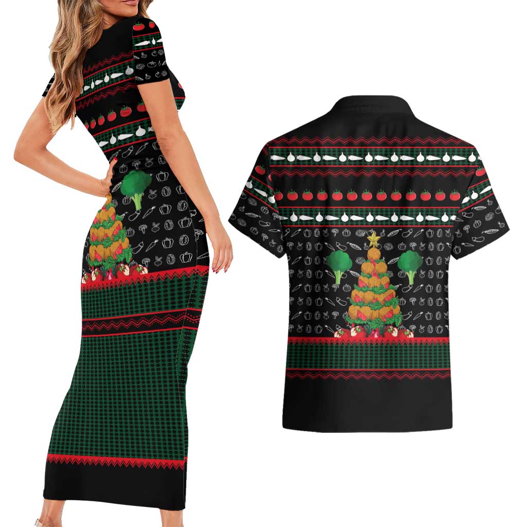 Vegan Christmas Couples Matching Short Sleeve Bodycon Dress and Hawaiian Shirt with Tis the Season to Go Vegan Quote and Vegetable Tree - Wonder Print Shop