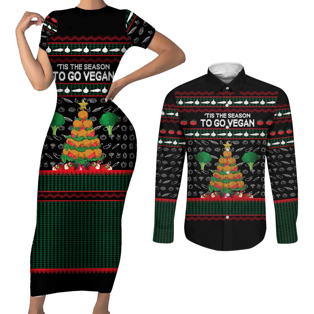 Vegan Christmas Couples Matching Short Sleeve Bodycon Dress and Long Sleeve Button Shirt with Tis the Season to Go Vegan Quote and Vegetable Tree - Wonder Print Shop