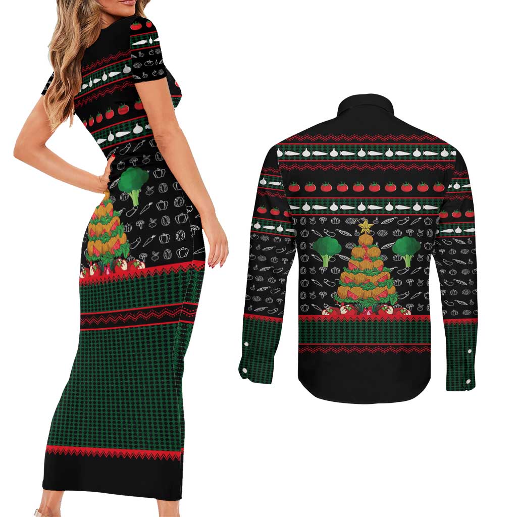 Vegan Christmas Couples Matching Short Sleeve Bodycon Dress and Long Sleeve Button Shirt with Tis the Season to Go Vegan Quote and Vegetable Tree - Wonder Print Shop