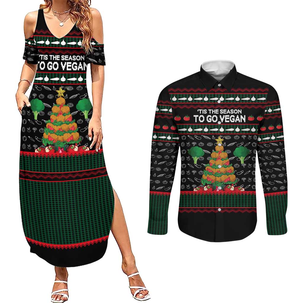Vegan Christmas Couples Matching Summer Maxi Dress and Long Sleeve Button Shirt with Tis the Season to Go Vegan Quote and Vegetable Tree - Wonder Print Shop