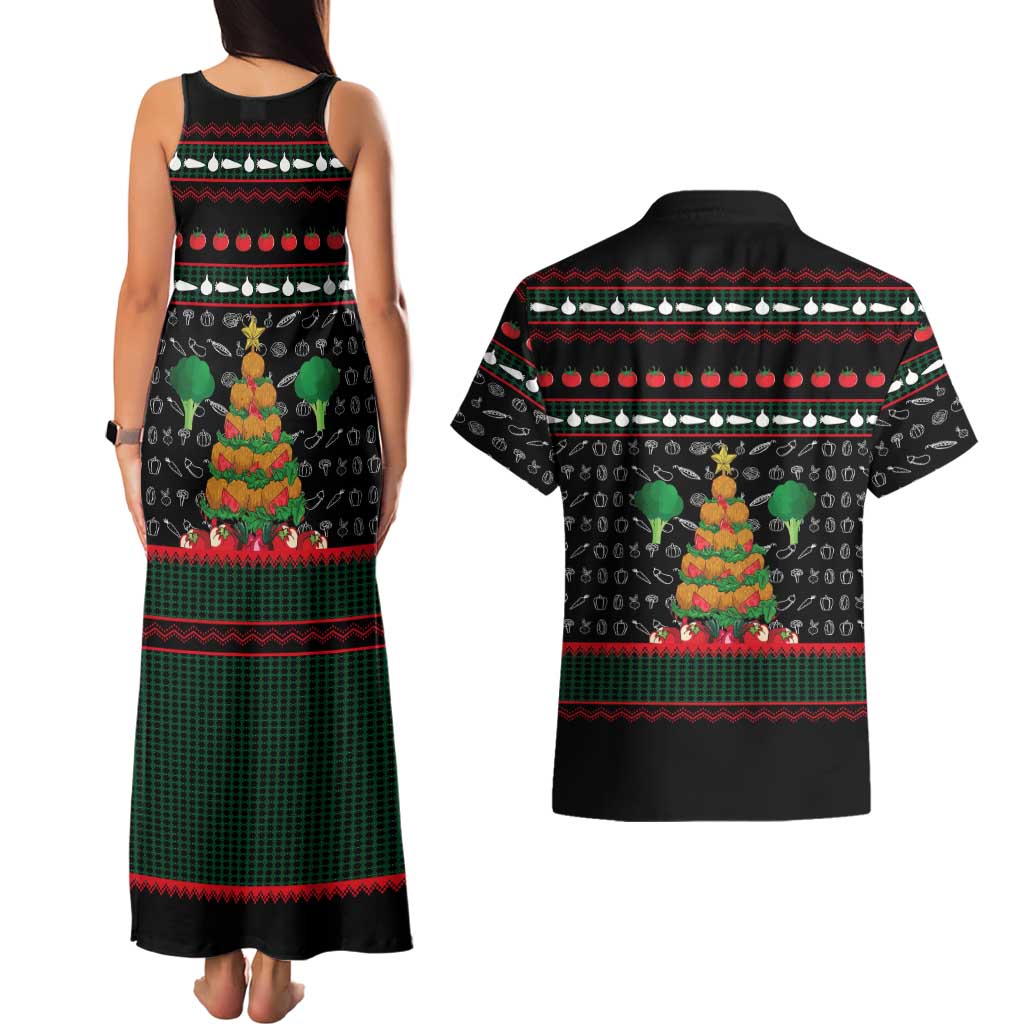 Vegan Christmas Couples Matching Tank Maxi Dress and Hawaiian Shirt with Tis the Season to Go Vegan Quote and Vegetable Tree - Wonder Print Shop