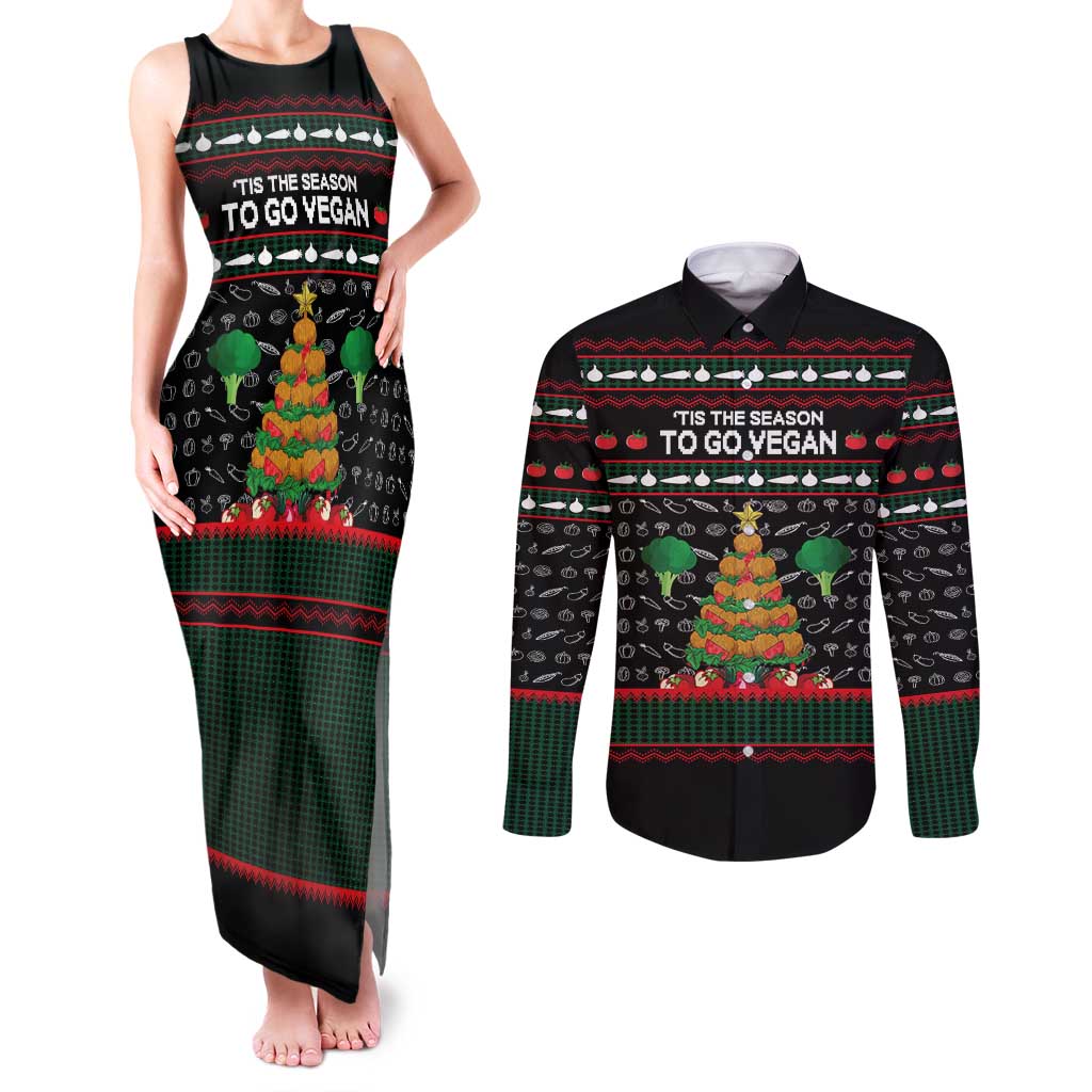 Vegan Christmas Couples Matching Tank Maxi Dress and Long Sleeve Button Shirt with Tis the Season to Go Vegan Quote and Vegetable Tree - Wonder Print Shop