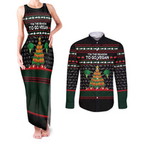 Vegan Christmas Couples Matching Tank Maxi Dress and Long Sleeve Button Shirt with Tis the Season to Go Vegan Quote and Vegetable Tree - Wonder Print Shop