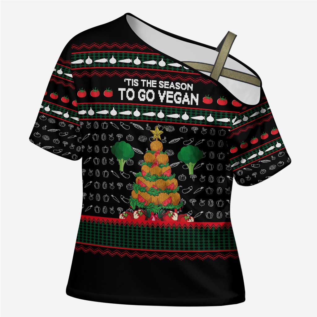 Vegan Christmas Cross Shoulder Shirt with Tis the Season to Go Vegan Quote and Vegetable Tree - Wonder Print Shop
