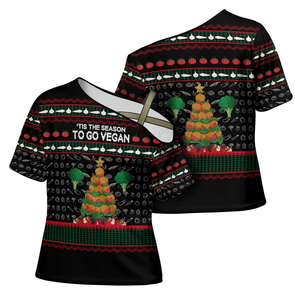Vegan Christmas Cross Shoulder Shirt with Tis the Season to Go Vegan Quote and Vegetable Tree - Wonder Print Shop
