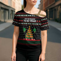 Vegan Christmas Cross Shoulder Shirt with Tis the Season to Go Vegan Quote and Vegetable Tree - Wonder Print Shop