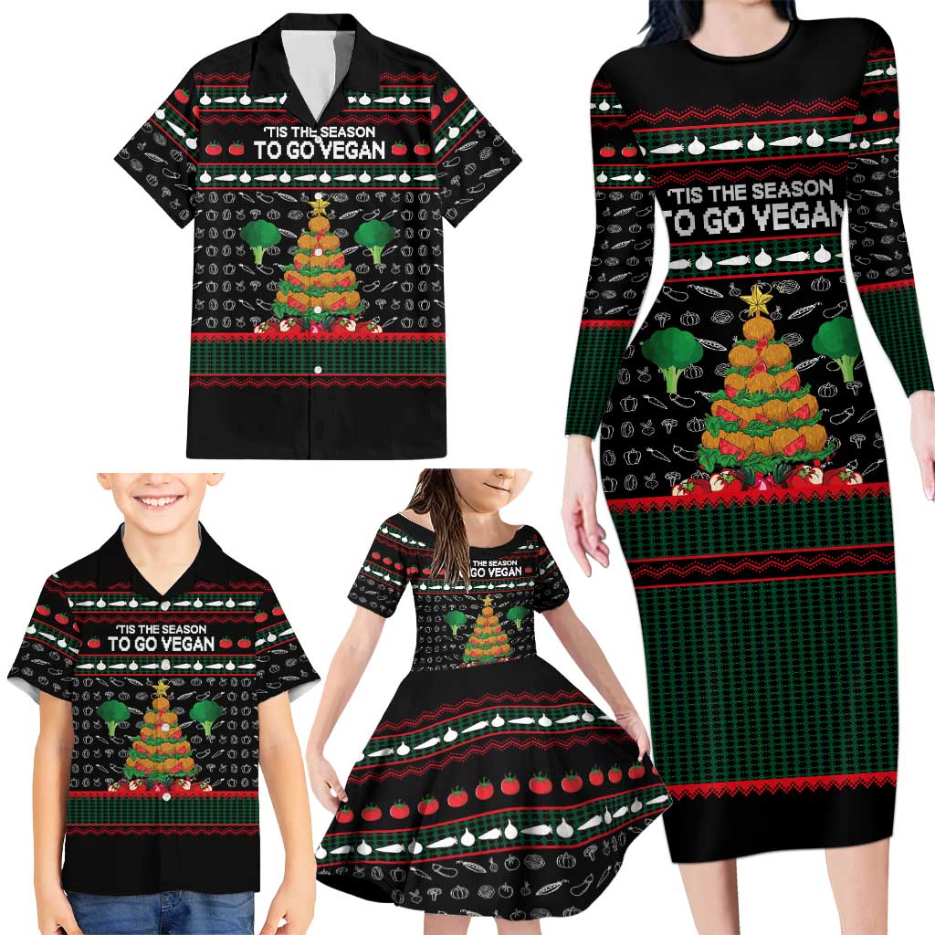 Vegan Christmas Family Matching Long Sleeve Bodycon Dress and Hawaiian Shirt with Tis the Season to Go Vegan Quote and Vegetable Tree - Wonder Print Shop