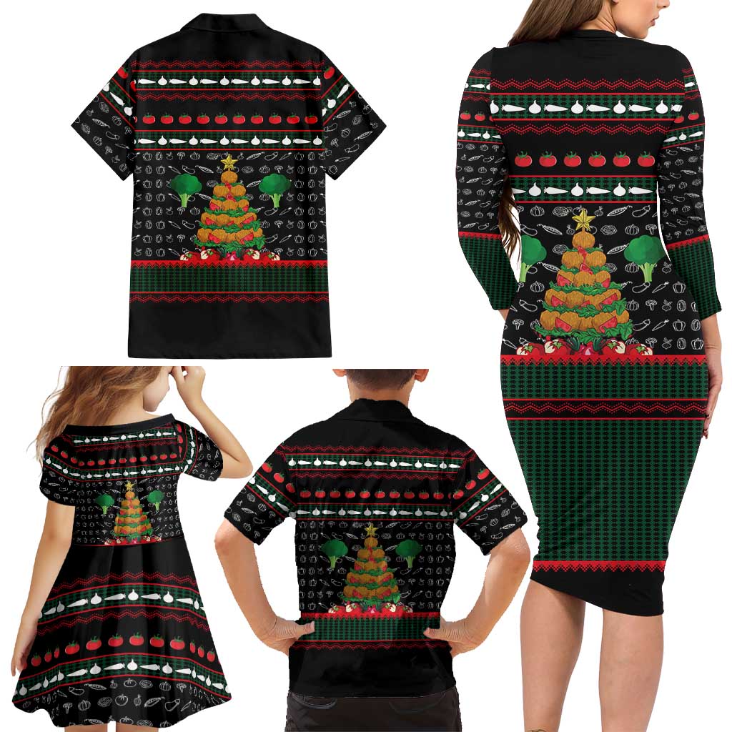 Vegan Christmas Family Matching Long Sleeve Bodycon Dress and Hawaiian Shirt with Tis the Season to Go Vegan Quote and Vegetable Tree - Wonder Print Shop