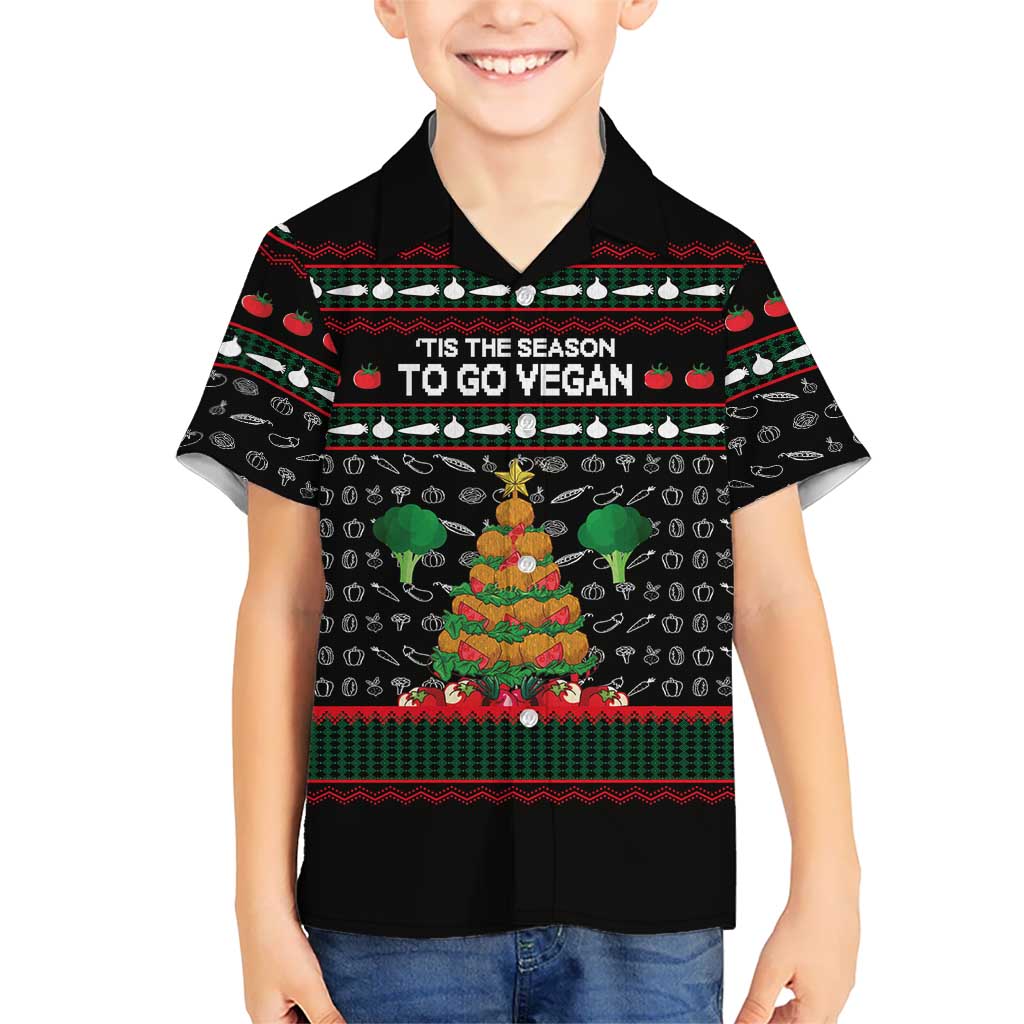 Vegan Christmas Family Matching Long Sleeve Bodycon Dress and Hawaiian Shirt with Tis the Season to Go Vegan Quote and Vegetable Tree - Wonder Print Shop