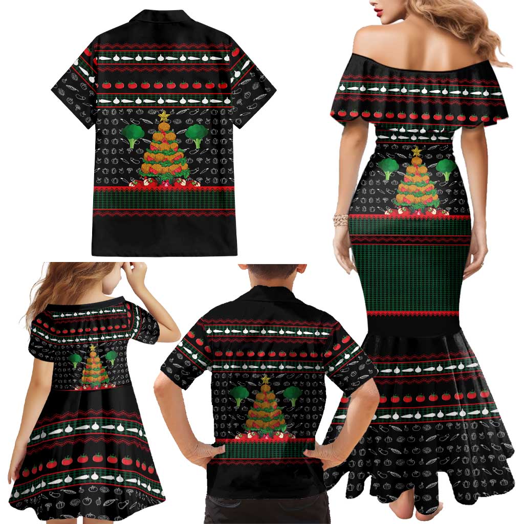 Vegan Christmas Family Matching Mermaid Dress and Hawaiian Shirt with Tis the Season to Go Vegan Quote and Vegetable Tree - Wonder Print Shop