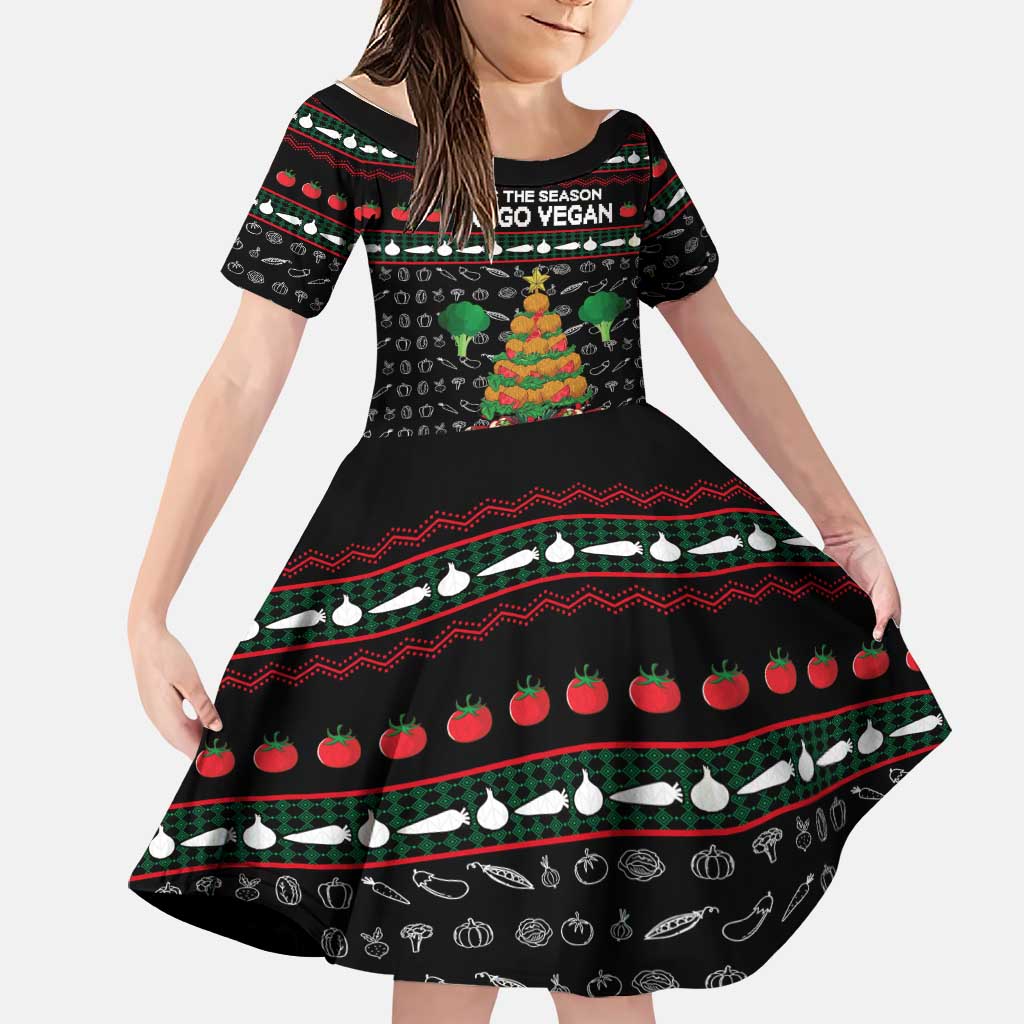 Vegan Christmas Family Matching Off The Shoulder Long Sleeve Dress and Hawaiian Shirt with Tis the Season to Go Vegan Quote and Vegetable Tree - Wonder Print Shop
