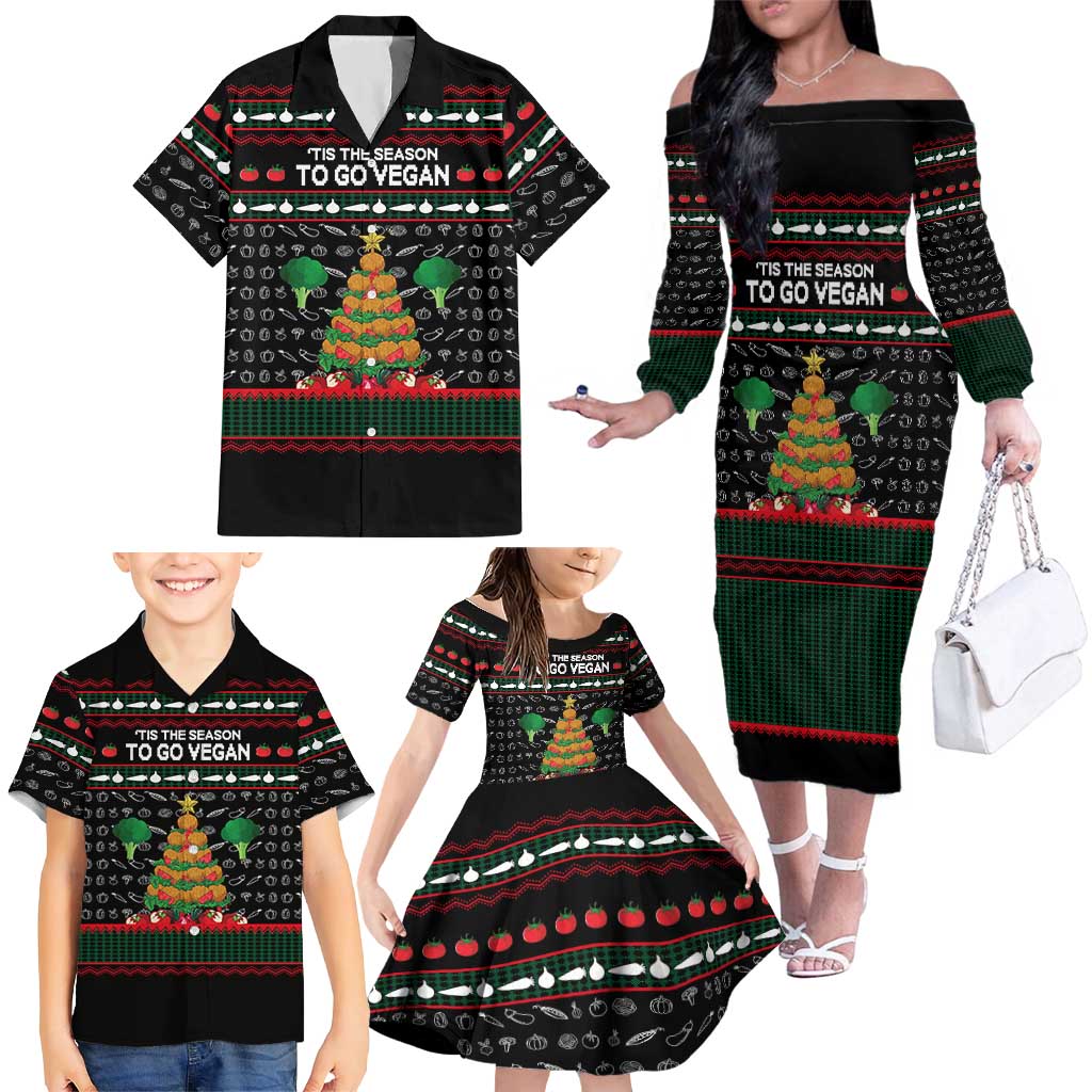 Vegan Christmas Family Matching Off The Shoulder Long Sleeve Dress and Hawaiian Shirt with Tis the Season to Go Vegan Quote and Vegetable Tree - Wonder Print Shop