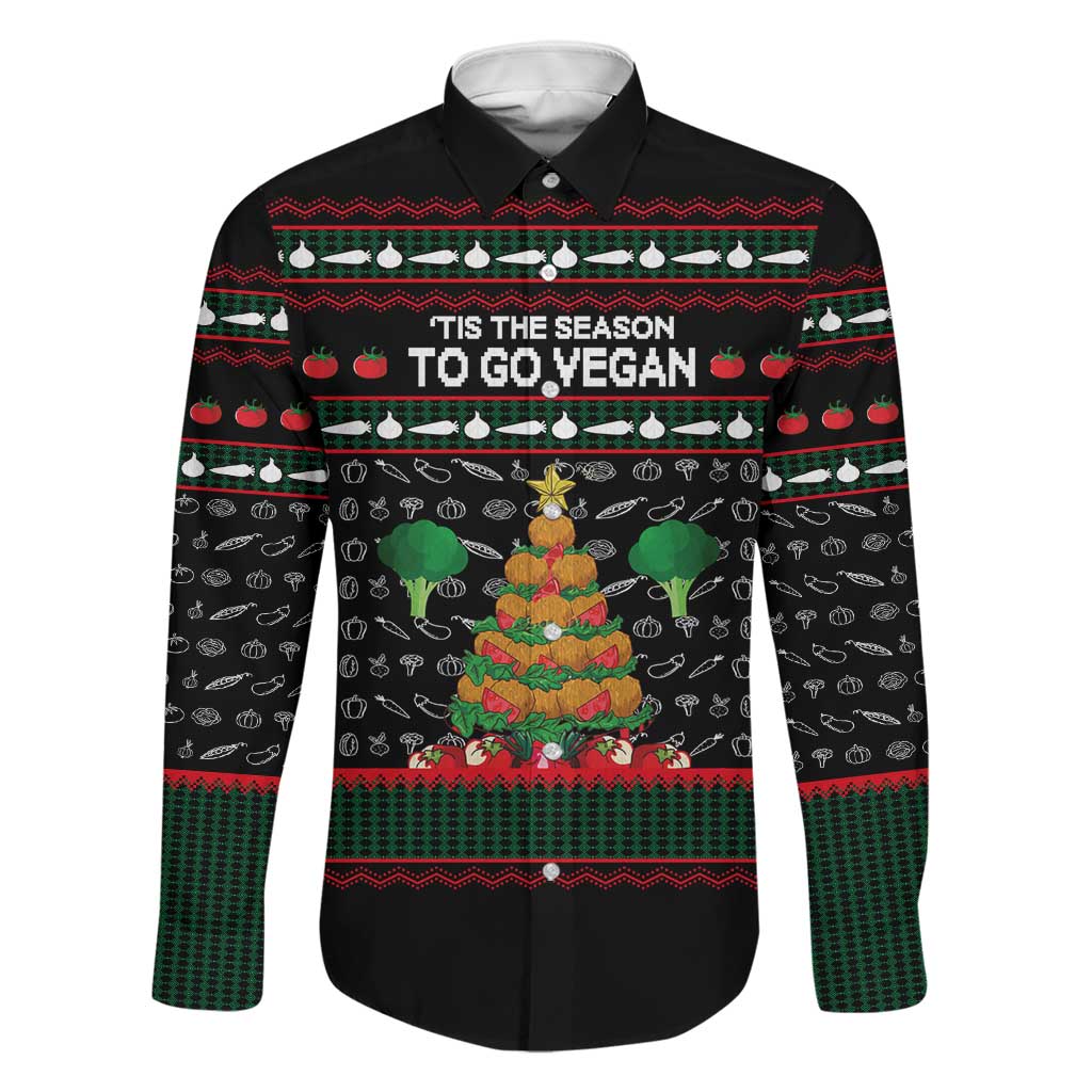 Vegan Christmas Family Matching Off The Shoulder Long Sleeve Dress and Hawaiian Shirt with Tis the Season to Go Vegan Quote and Vegetable Tree - Wonder Print Shop