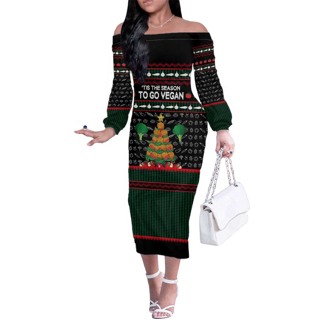 Vegan Christmas Family Matching Off The Shoulder Long Sleeve Dress and Hawaiian Shirt with Tis the Season to Go Vegan Quote and Vegetable Tree - Wonder Print Shop