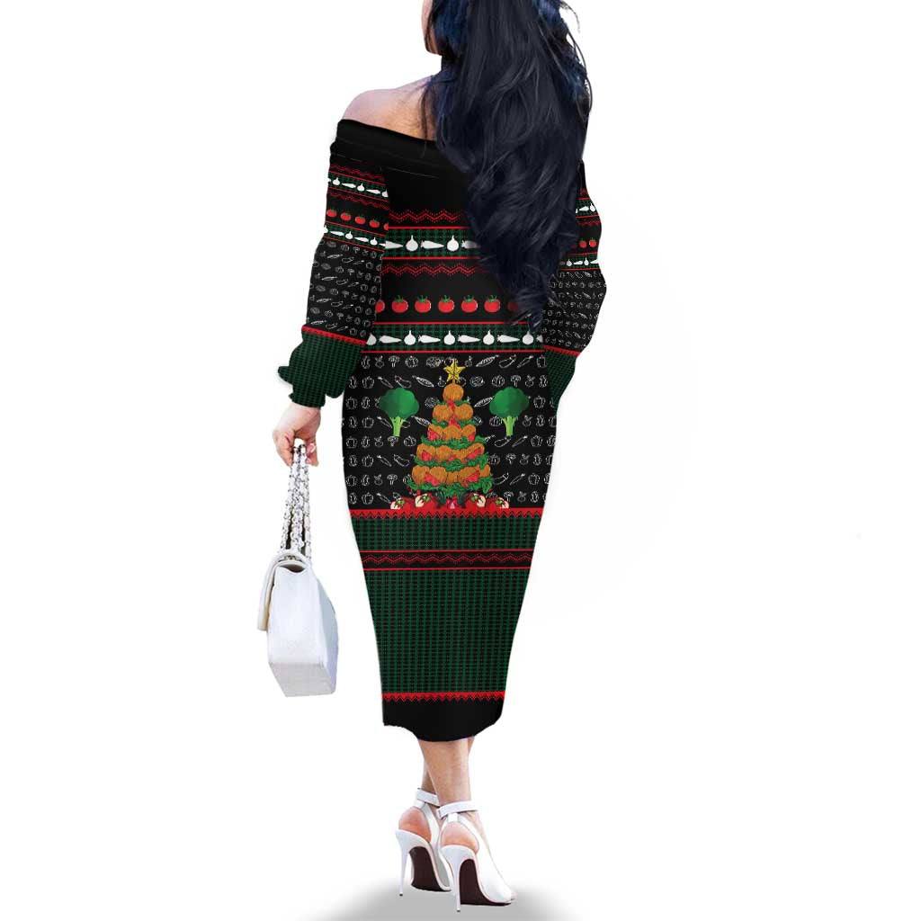 Vegan Christmas Family Matching Off The Shoulder Long Sleeve Dress and Hawaiian Shirt with Tis the Season to Go Vegan Quote and Vegetable Tree - Wonder Print Shop