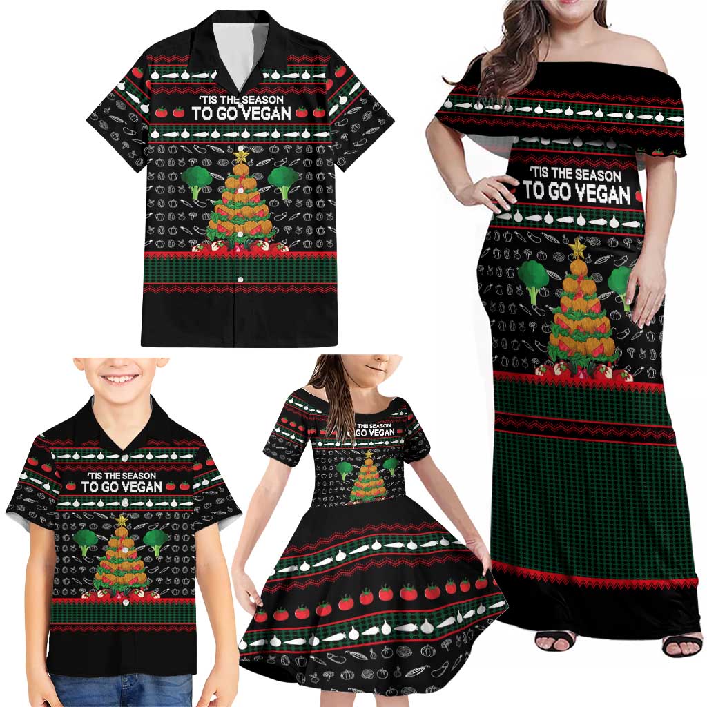 Vegan Christmas Family Matching Off Shoulder Maxi Dress and Hawaiian Shirt with Tis the Season to Go Vegan Quote and Vegetable Tree - Wonder Print Shop