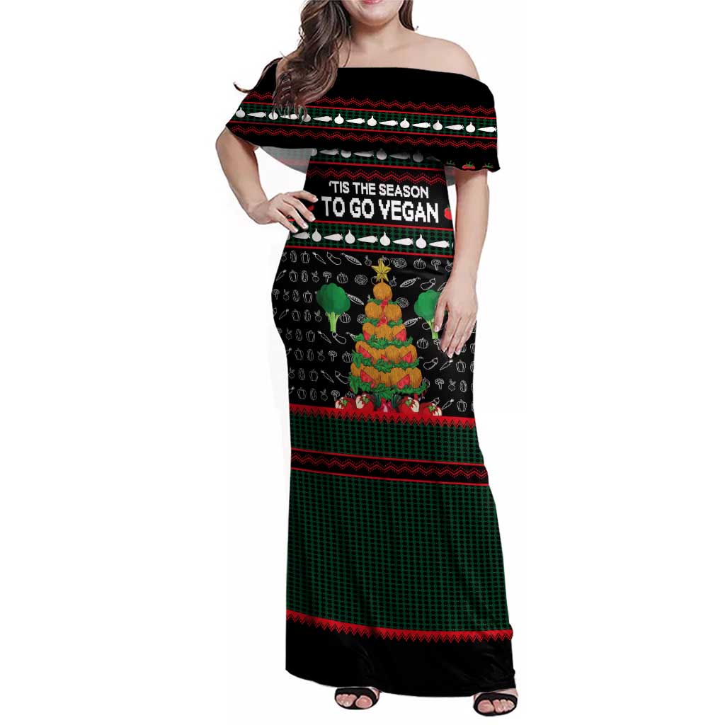 Vegan Christmas Family Matching Off Shoulder Maxi Dress and Hawaiian Shirt with Tis the Season to Go Vegan Quote and Vegetable Tree - Wonder Print Shop