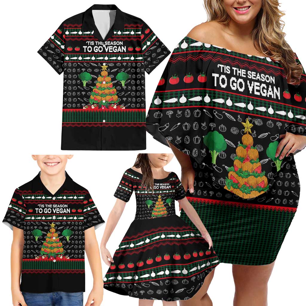 Vegan Christmas Family Matching Off Shoulder Short Dress and Hawaiian Shirt with Tis the Season to Go Vegan Quote and Vegetable Tree - Wonder Print Shop