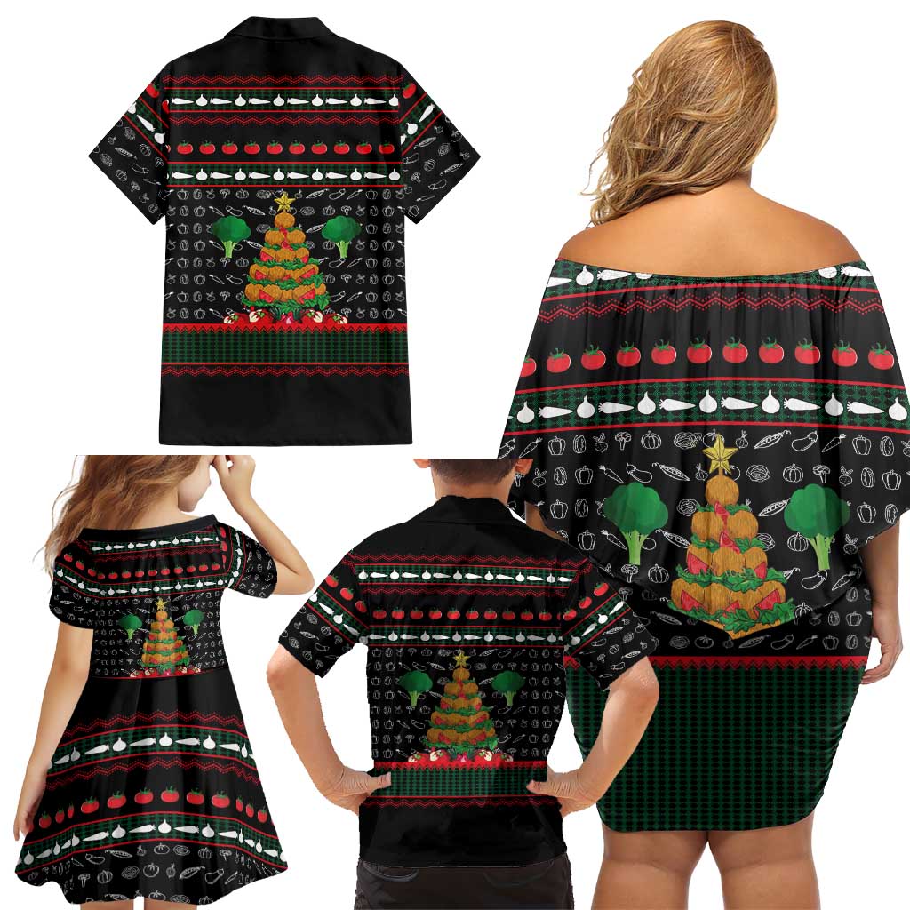 Vegan Christmas Family Matching Off Shoulder Short Dress and Hawaiian Shirt with Tis the Season to Go Vegan Quote and Vegetable Tree - Wonder Print Shop
