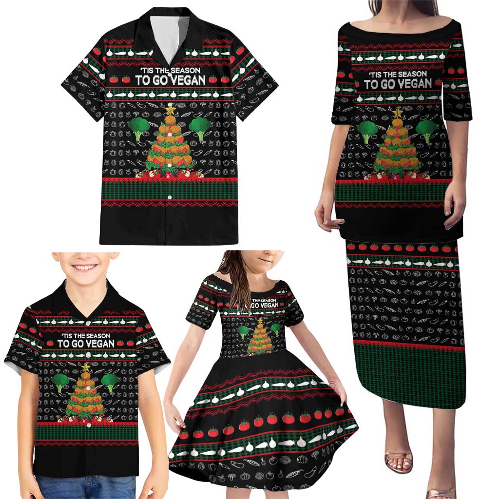 Vegan Christmas Family Matching Puletasi and Hawaiian Shirt with Tis the Season to Go Vegan Quote and Vegetable Tree - Wonder Print Shop