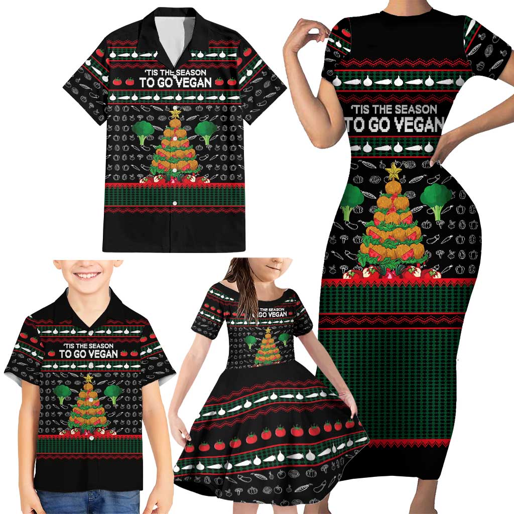 Vegan Christmas Family Matching Short Sleeve Bodycon Dress and Hawaiian Shirt with Tis the Season to Go Vegan Quote and Vegetable Tree - Wonder Print Shop