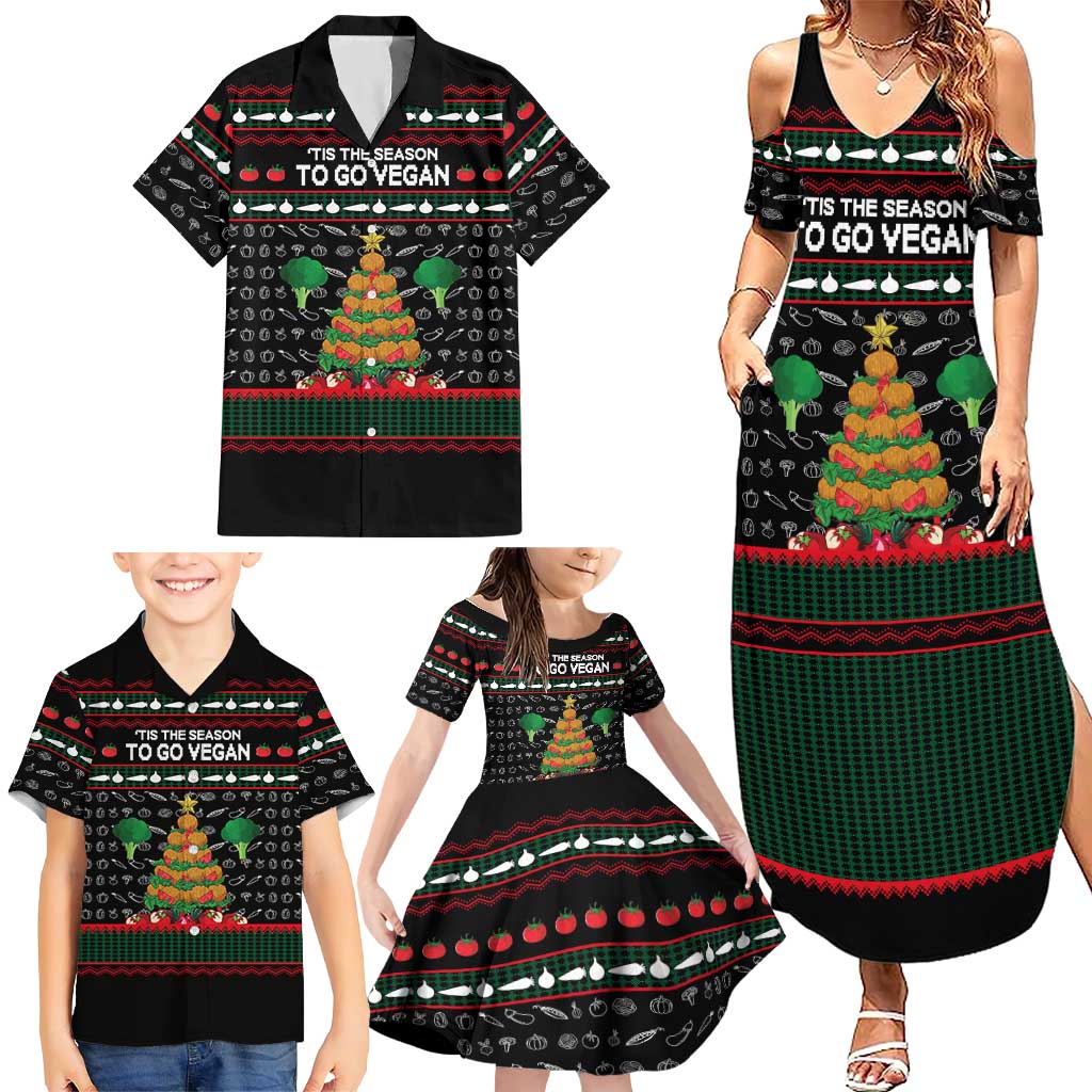 Vegan Christmas Family Matching Summer Maxi Dress and Hawaiian Shirt with Tis the Season to Go Vegan Quote and Vegetable Tree - Wonder Print Shop