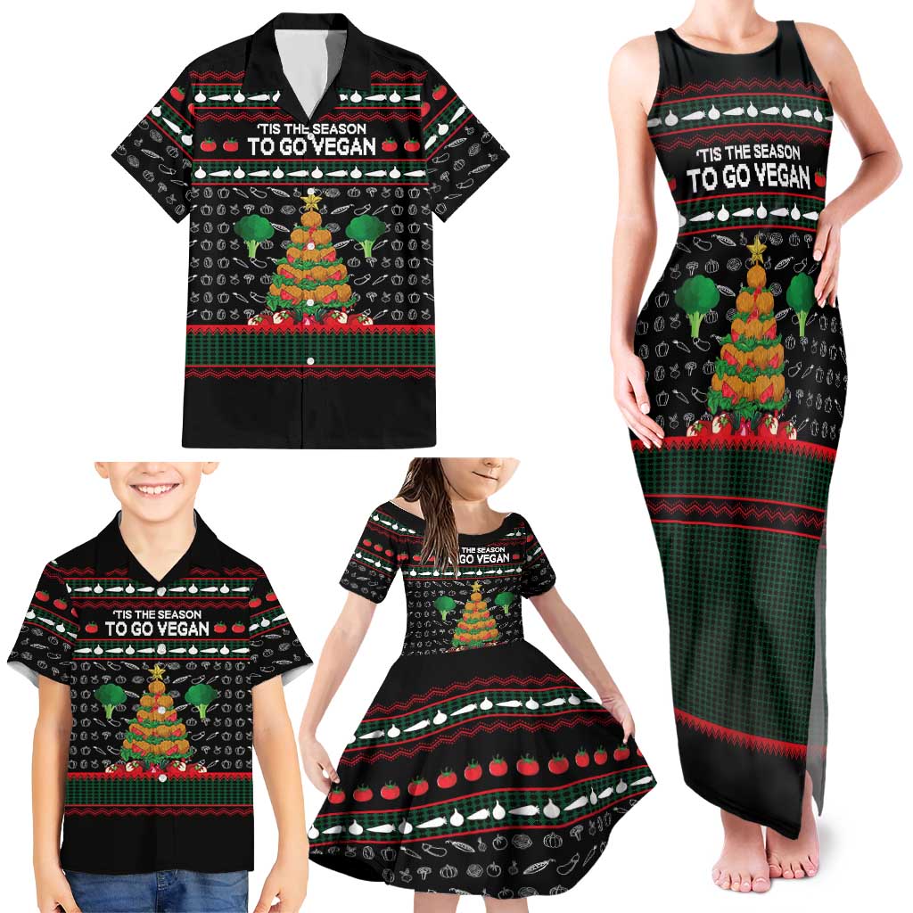 Vegan Christmas Family Matching Tank Maxi Dress and Hawaiian Shirt with Tis the Season to Go Vegan Quote and Vegetable Tree - Wonder Print Shop