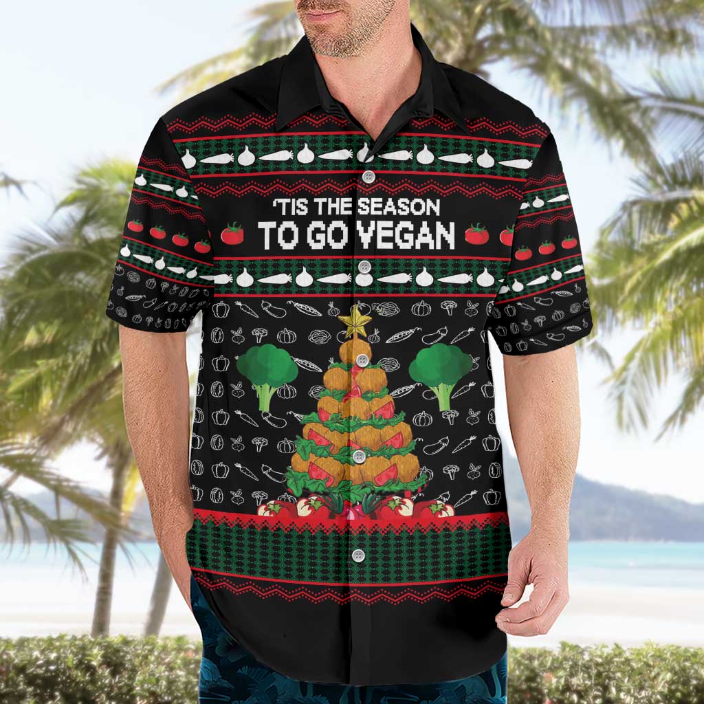 Vegan Christmas Hawaiian Shirt with Tis the Season to Go Vegan Quote and Vegetable Tree - Wonder Print Shop