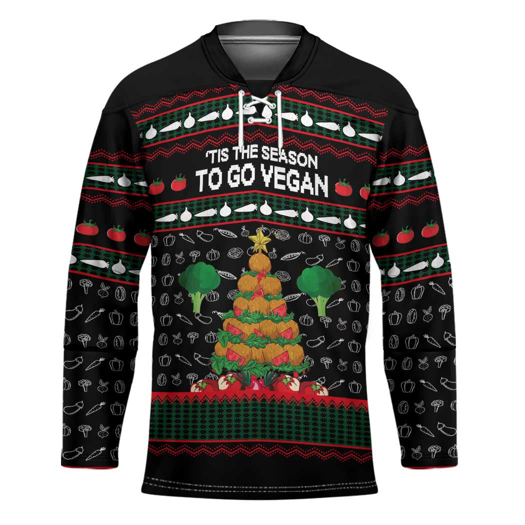 Vegan Christmas Hockey Jersey with Tis the Season to Go Vegan Quote and Vegetable Tree - Wonder Print Shop