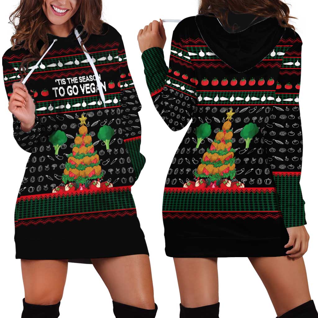 Vegan Christmas Hoodie Dress with Tis the Season to Go Vegan Quote and Vegetable Tree - Wonder Print Shop