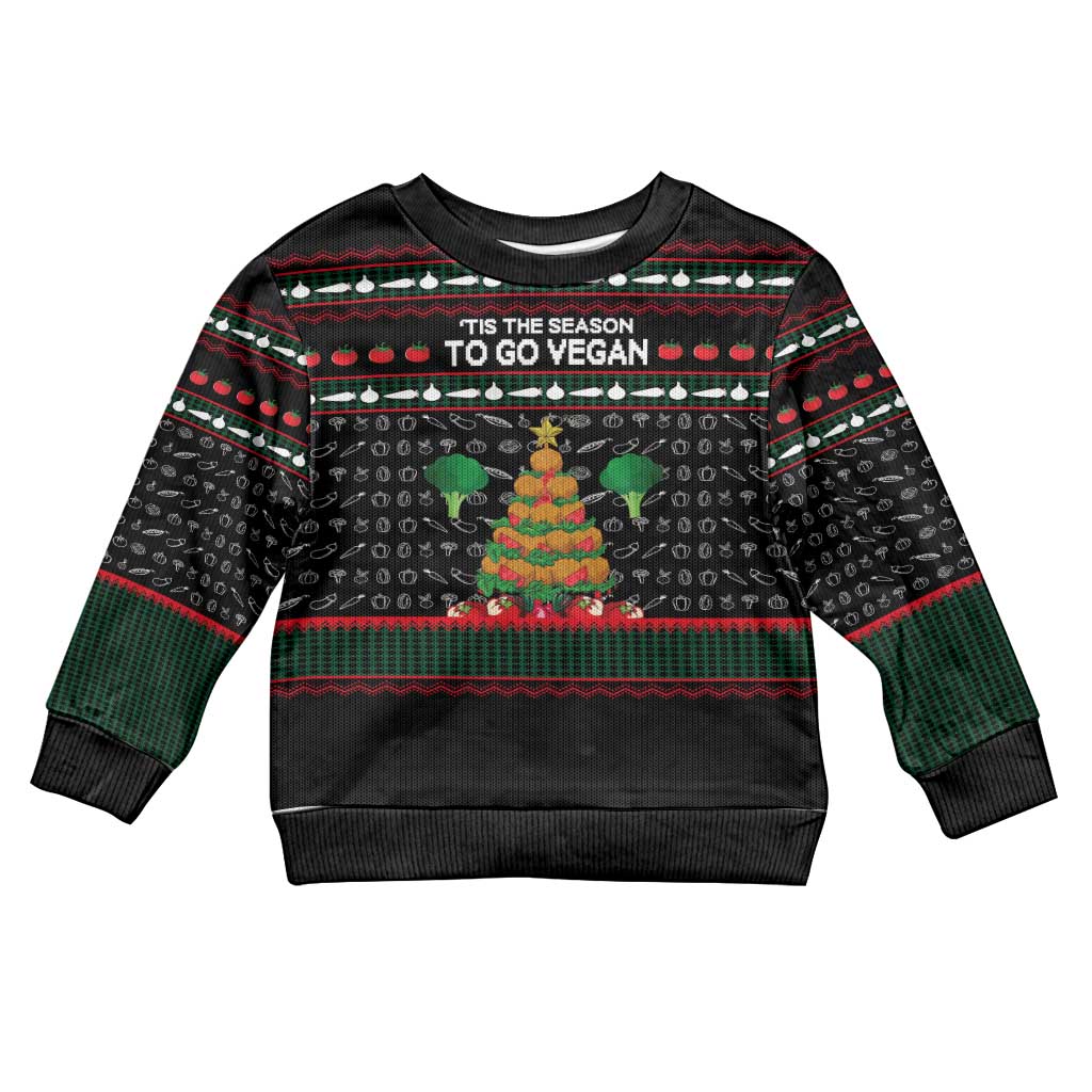 Vegan Christmas Kid Ugly Christmas Sweater with Tis the Season to Go Vegan Quote and Vegetable Tree - Wonder Print Shop