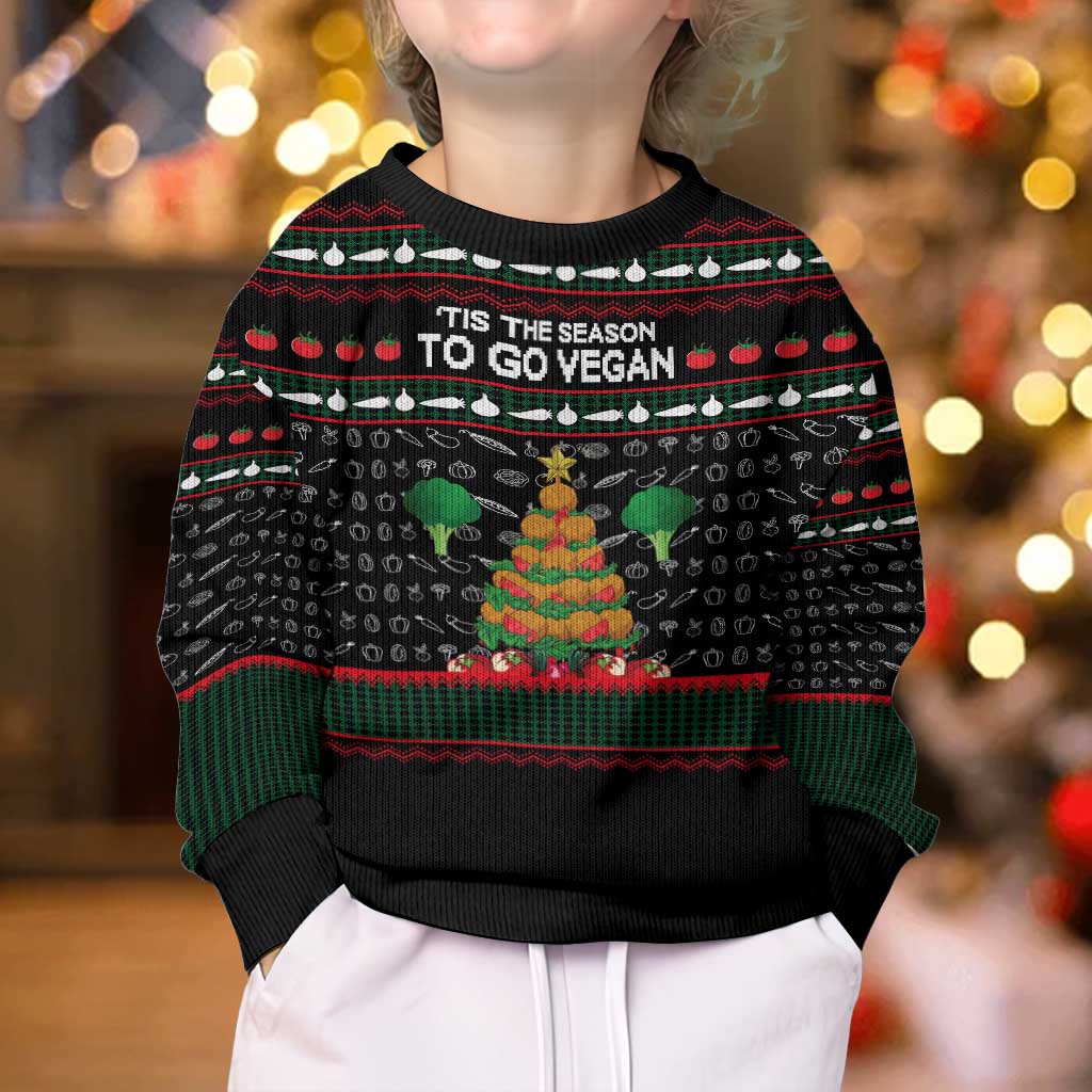 Vegan Christmas Kid Ugly Christmas Sweater with Tis the Season to Go Vegan Quote and Vegetable Tree - Wonder Print Shop