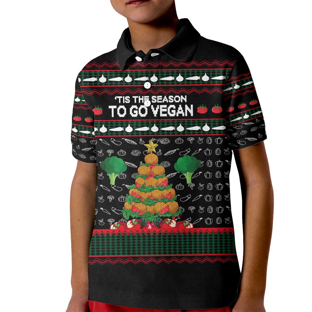 Vegan Christmas Kid Polo Shirt with Tis the Season to Go Vegan Quote and Vegetable Tree - Wonder Print Shop
