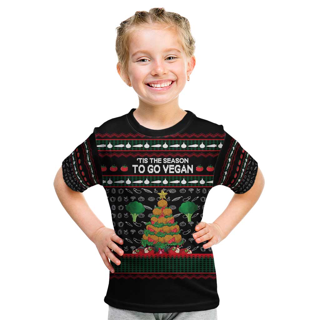 Vegan Christmas Kid T Shirt with Tis the Season to Go Vegan Quote and Vegetable Tree - Wonder Print Shop