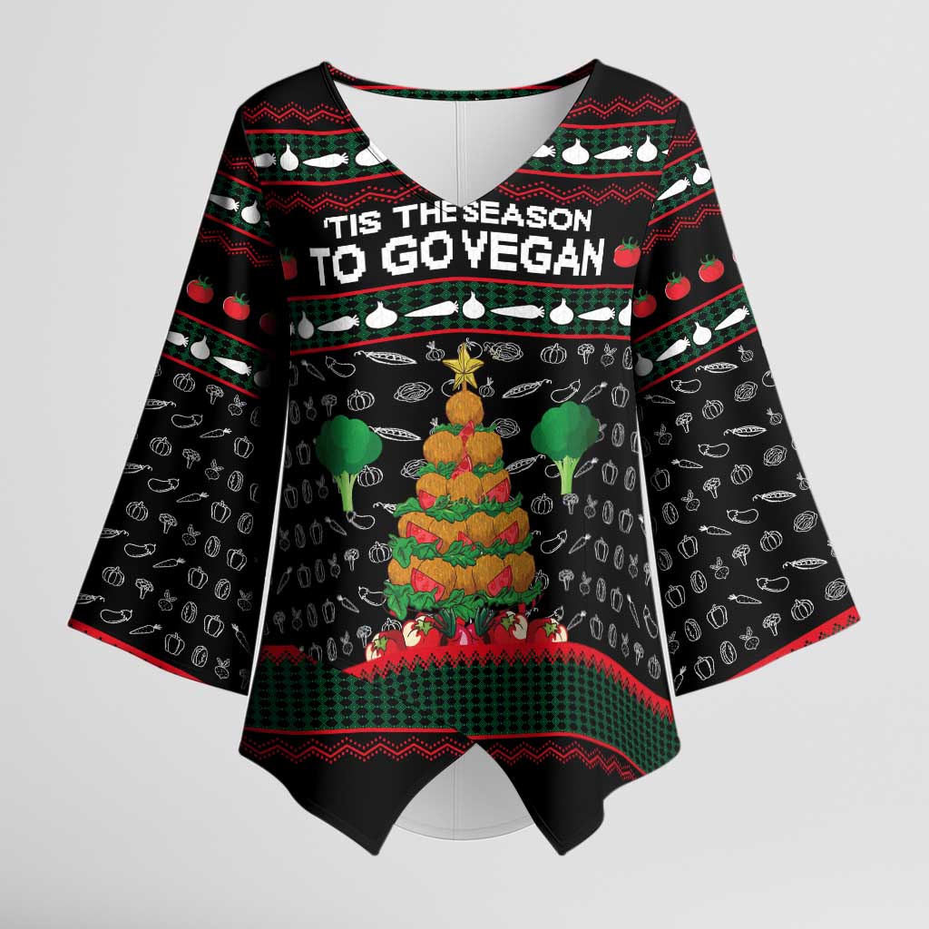 Vegan Christmas Kimono Sleeve Blouse with Tis the Season to Go Vegan Quote and Vegetable Tree - Wonder Print Shop