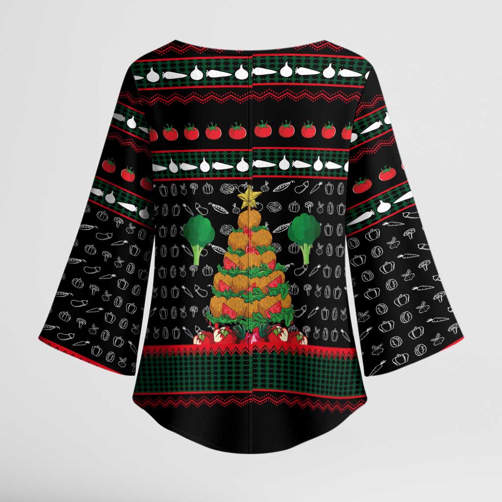 Vegan Christmas Kimono Sleeve Blouse with Tis the Season to Go Vegan Quote and Vegetable Tree - Wonder Print Shop
