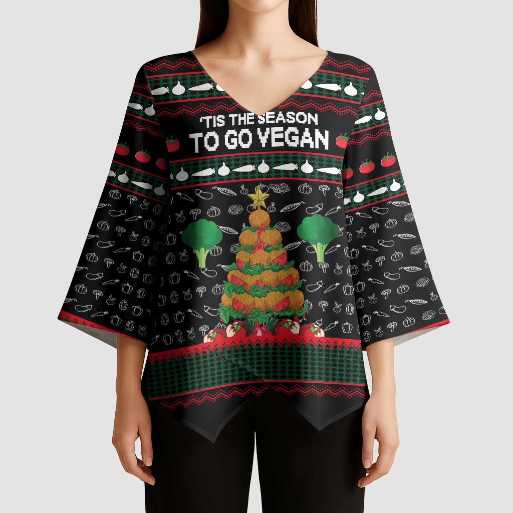 Vegan Christmas Kimono Sleeve Blouse with Tis the Season to Go Vegan Quote and Vegetable Tree - Wonder Print Shop