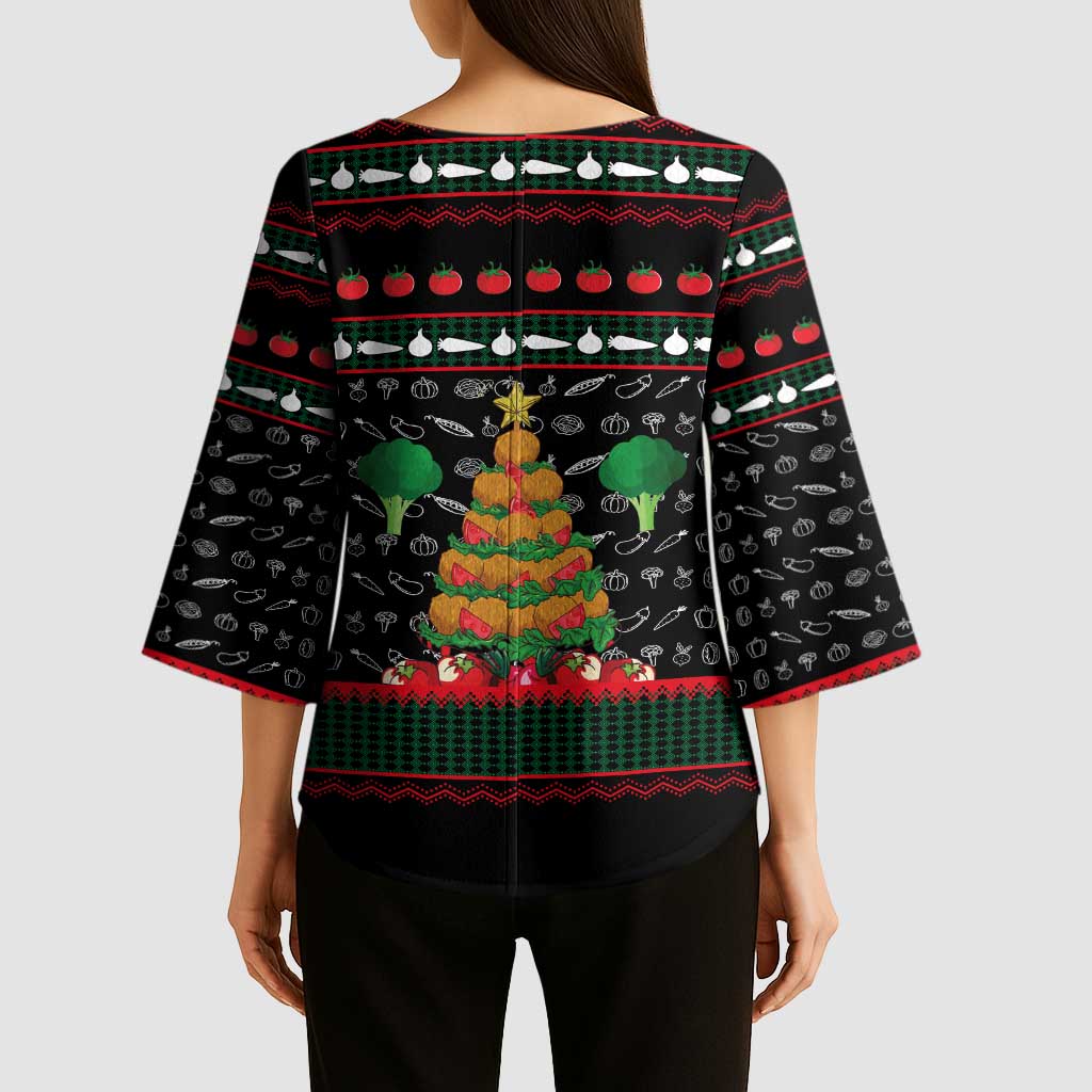 Vegan Christmas Kimono Sleeve Blouse with Tis the Season to Go Vegan Quote and Vegetable Tree - Wonder Print Shop
