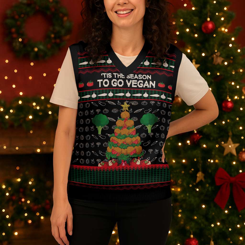 Vegan Christmas Knitted V-Neck Vest with Tis the Season to Go Vegan Quote and Vegetable Tree - Wonder Print Shop