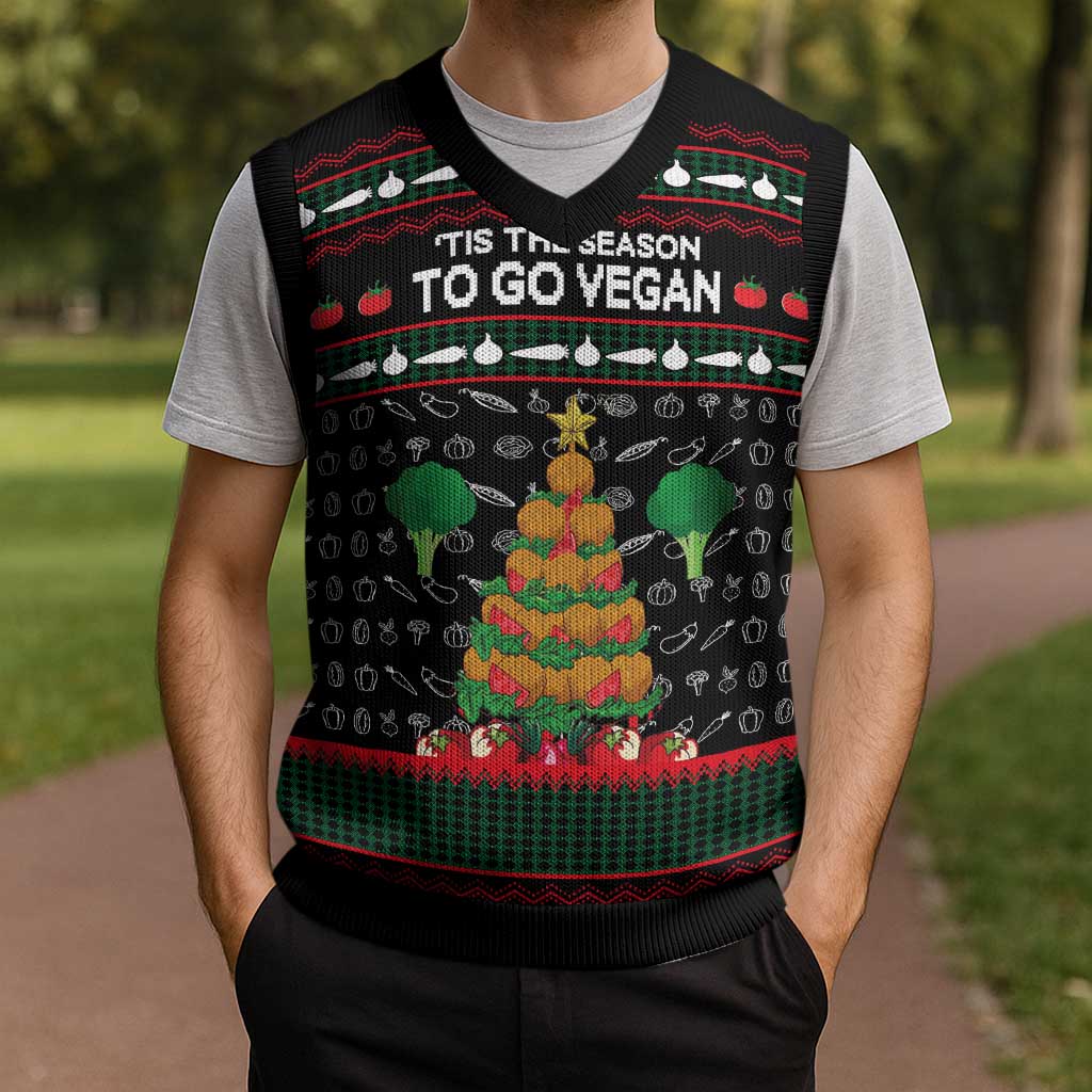 Vegan Christmas Knitted V-Neck Vest with Tis the Season to Go Vegan Quote and Vegetable Tree - Wonder Print Shop