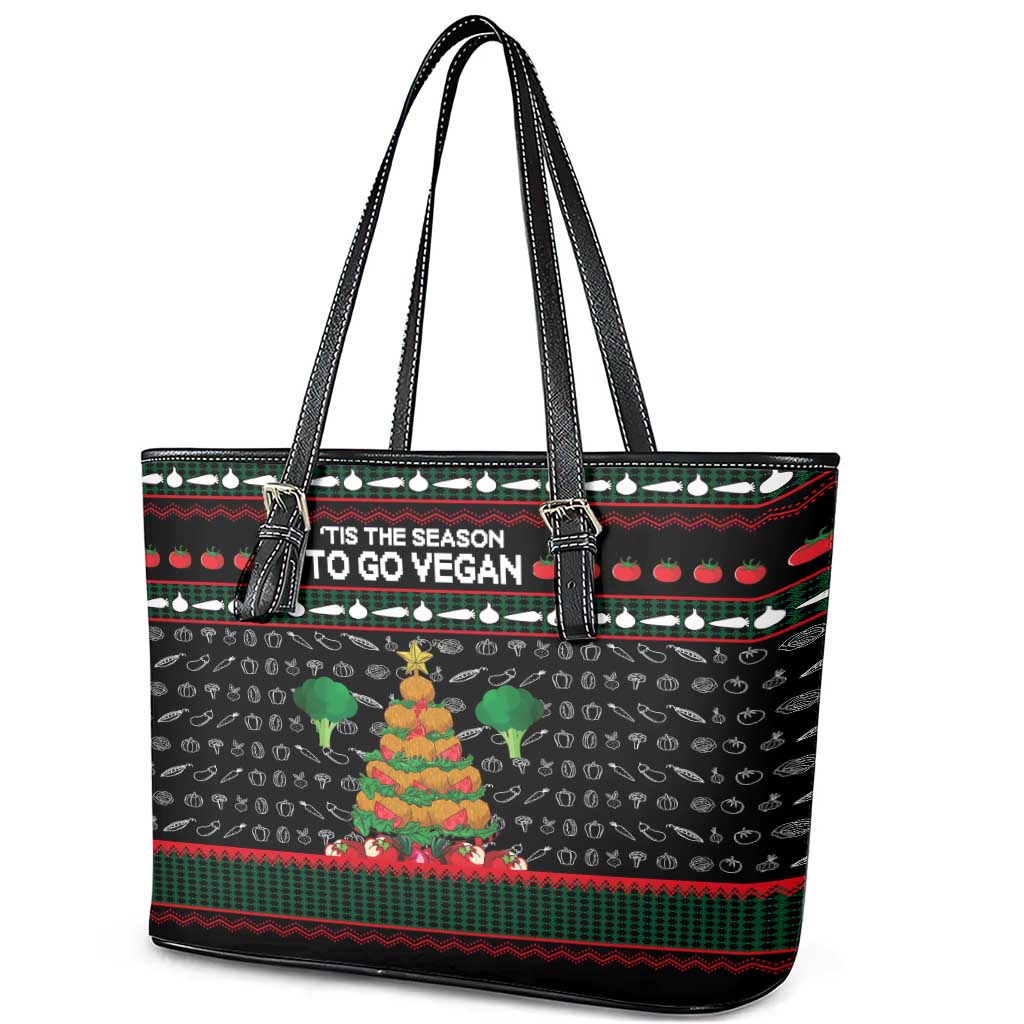 Vegan Christmas Leather Tote Bag with Tis the Season to Go Vegan Quote and Vegetable Tree - Wonder Print Shop