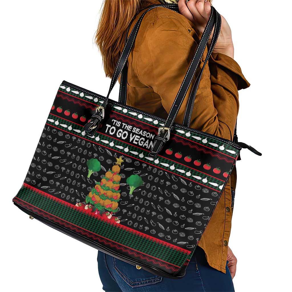 Vegan Christmas Leather Tote Bag with Tis the Season to Go Vegan Quote and Vegetable Tree - Wonder Print Shop