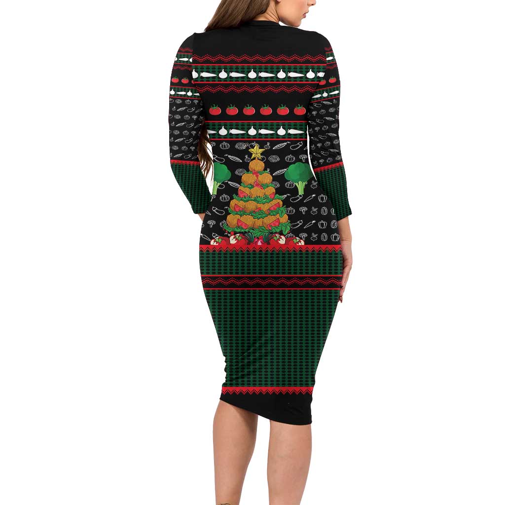 Vegan Christmas Long Sleeve Bodycon Dress with Tis the Season to Go Vegan Quote and Vegetable Tree - Wonder Print Shop