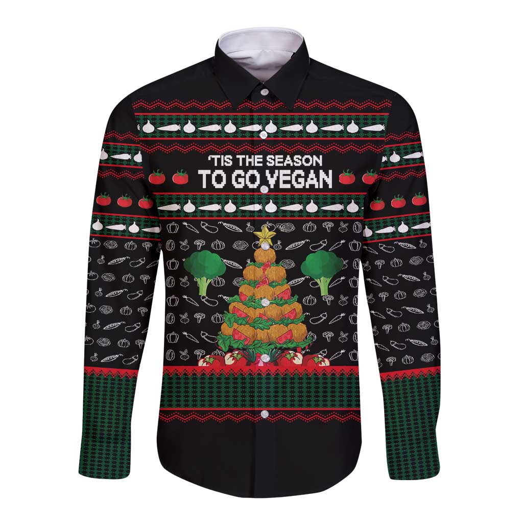 Vegan Christmas Long Sleeve Button Shirt with Tis the Season to Go Vegan Quote and Vegetable Tree - Wonder Print Shop