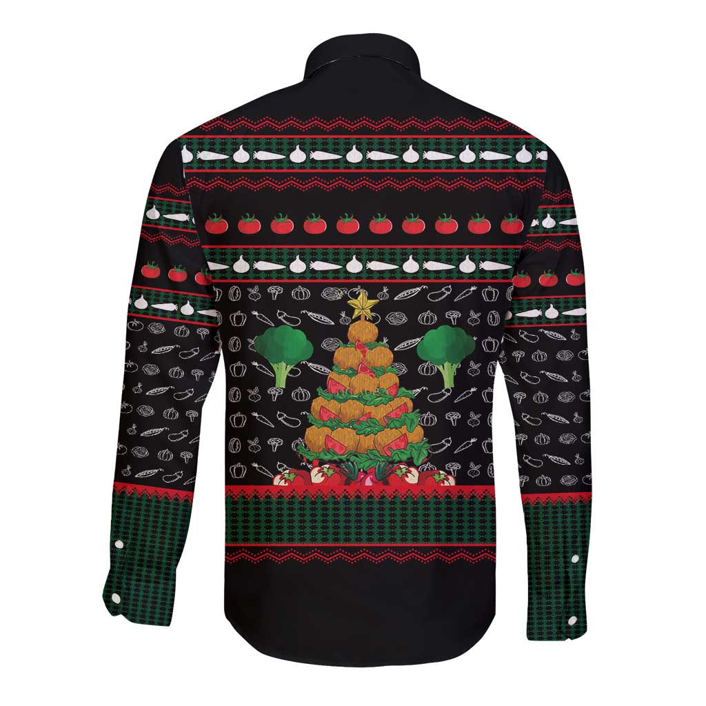 Vegan Christmas Long Sleeve Button Shirt with Tis the Season to Go Vegan Quote and Vegetable Tree - Wonder Print Shop