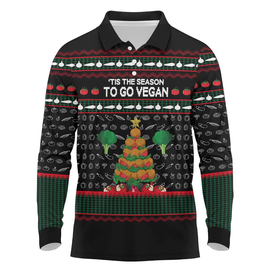 Vegan Christmas Long Sleeve Polo Shirt with Tis the Season to Go Vegan Quote and Vegetable Tree - Wonder Print Shop