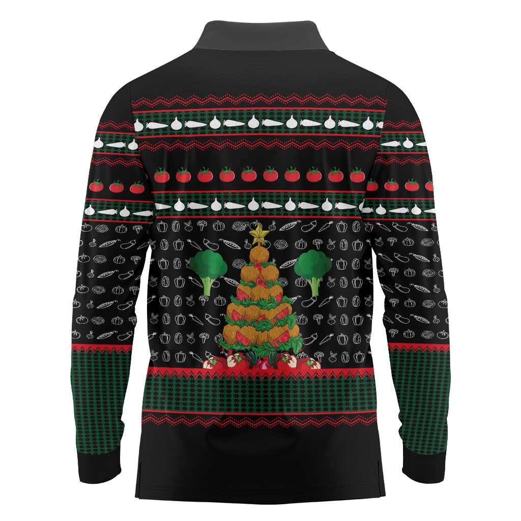 Vegan Christmas Long Sleeve Polo Shirt with Tis the Season to Go Vegan Quote and Vegetable Tree - Wonder Print Shop
