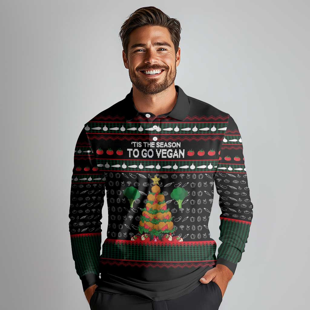Vegan Christmas Long Sleeve Polo Shirt with Tis the Season to Go Vegan Quote and Vegetable Tree - Wonder Print Shop
