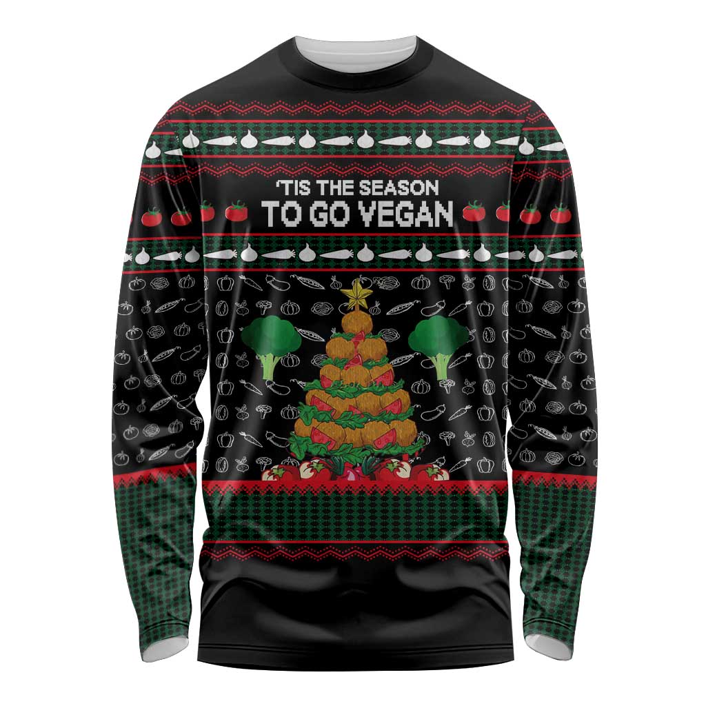 Vegan Christmas Long Sleeve Shirt with Tis the Season to Go Vegan Quote and Vegetable Tree - Wonder Print Shop
